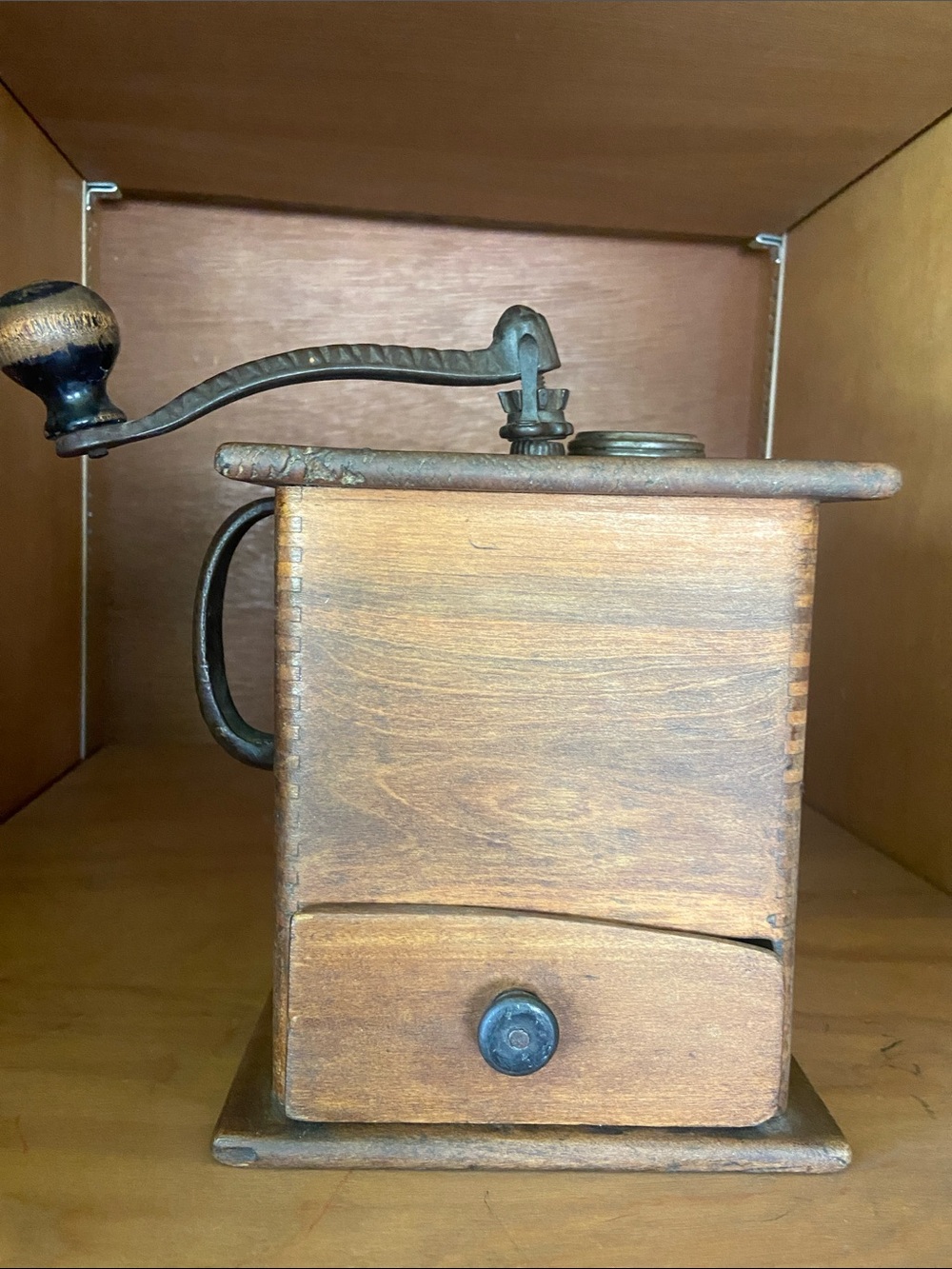 Antique Wood Box Coffee Grinder Mill Cast Iron Hand Crank Dovetail Drawer